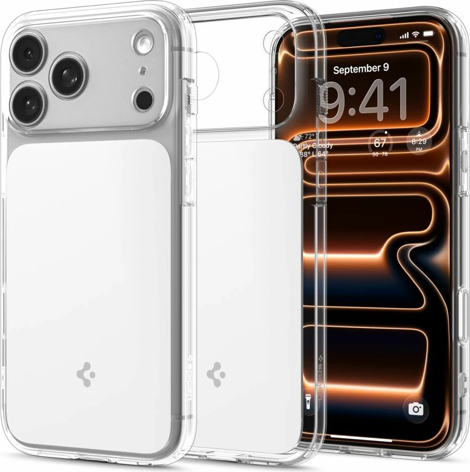 Mbështjellës Spigen Ultra Hybrid "T" MagSafe për iPhone 17 Pro, TPU+PC, skaje të ngritura, Air Cushion, me unazë magnetike MagSafe, Transparent/Bardhë