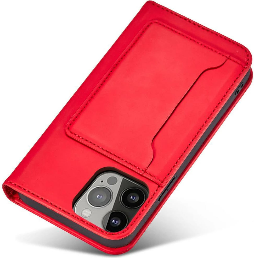 Mbështjellës magnetik Hurtel Magnet Card Case për iPhone 14 Plus, portofol, me mbajtëse, i kuq