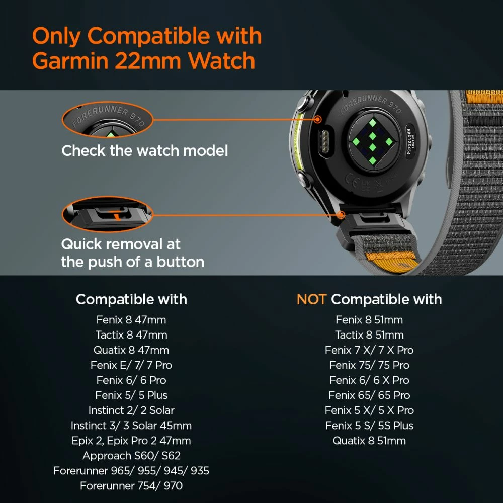 Rrip ore Spigen Athlex Air QuickFit 22mm për Garmin, najlon i endur, Velcro, zi/portokalli, 1 copë