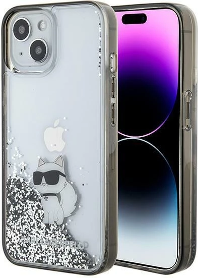 Mbështjellës Karl Lagerfeld Liquid Glitter Choupette për iPhone 15, Transparent, Silver