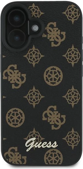 Mbështjellës Guess Peony Script MagSafe për iPhone 16 Plus, lëkurë eko, i zi