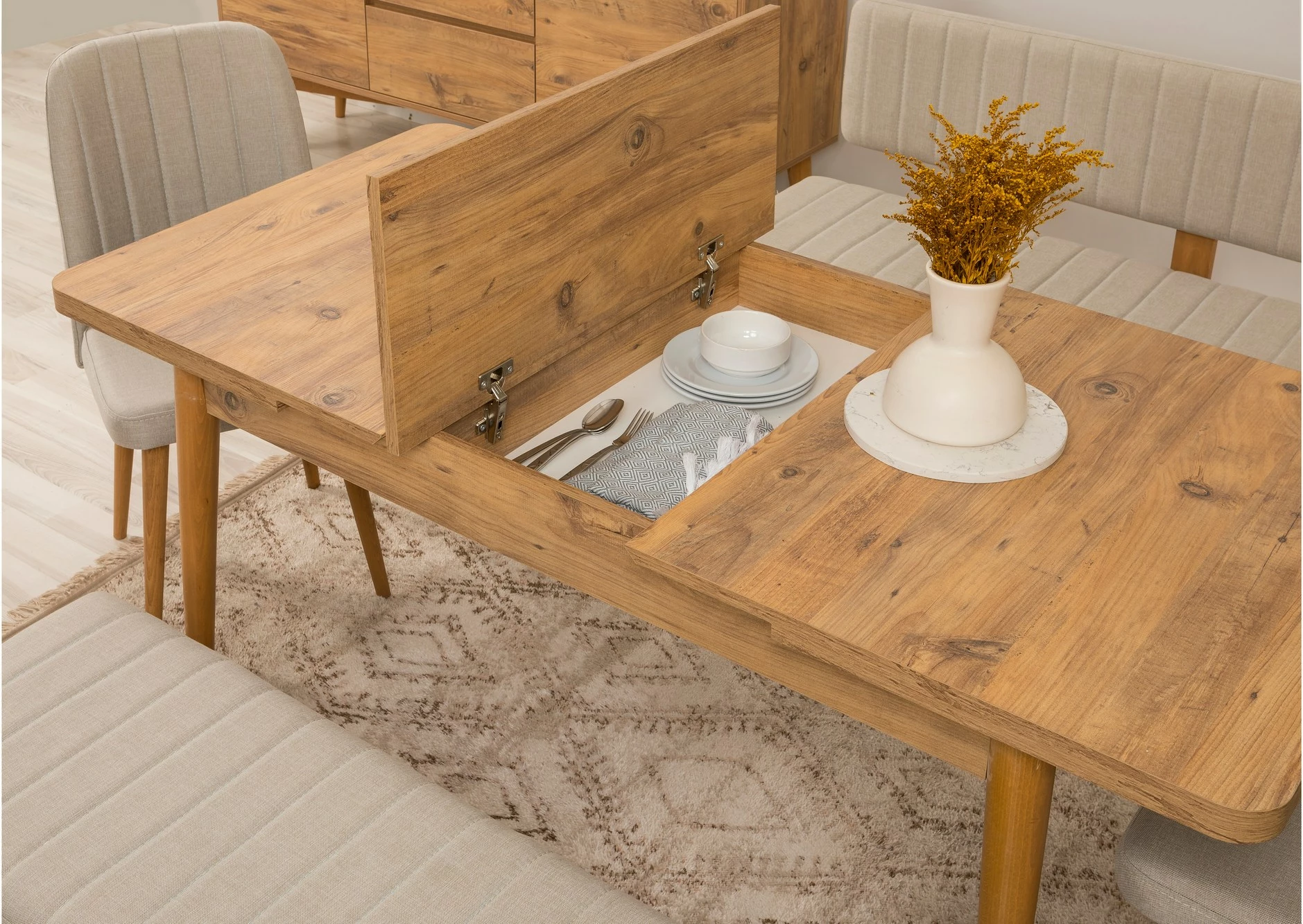 Set tavoline me karrige të zgjatshme, konsolë, 6 pjesë, Skye Decor, Vina Bench 04 1005, ngjyrë Atlantic Pine, krem