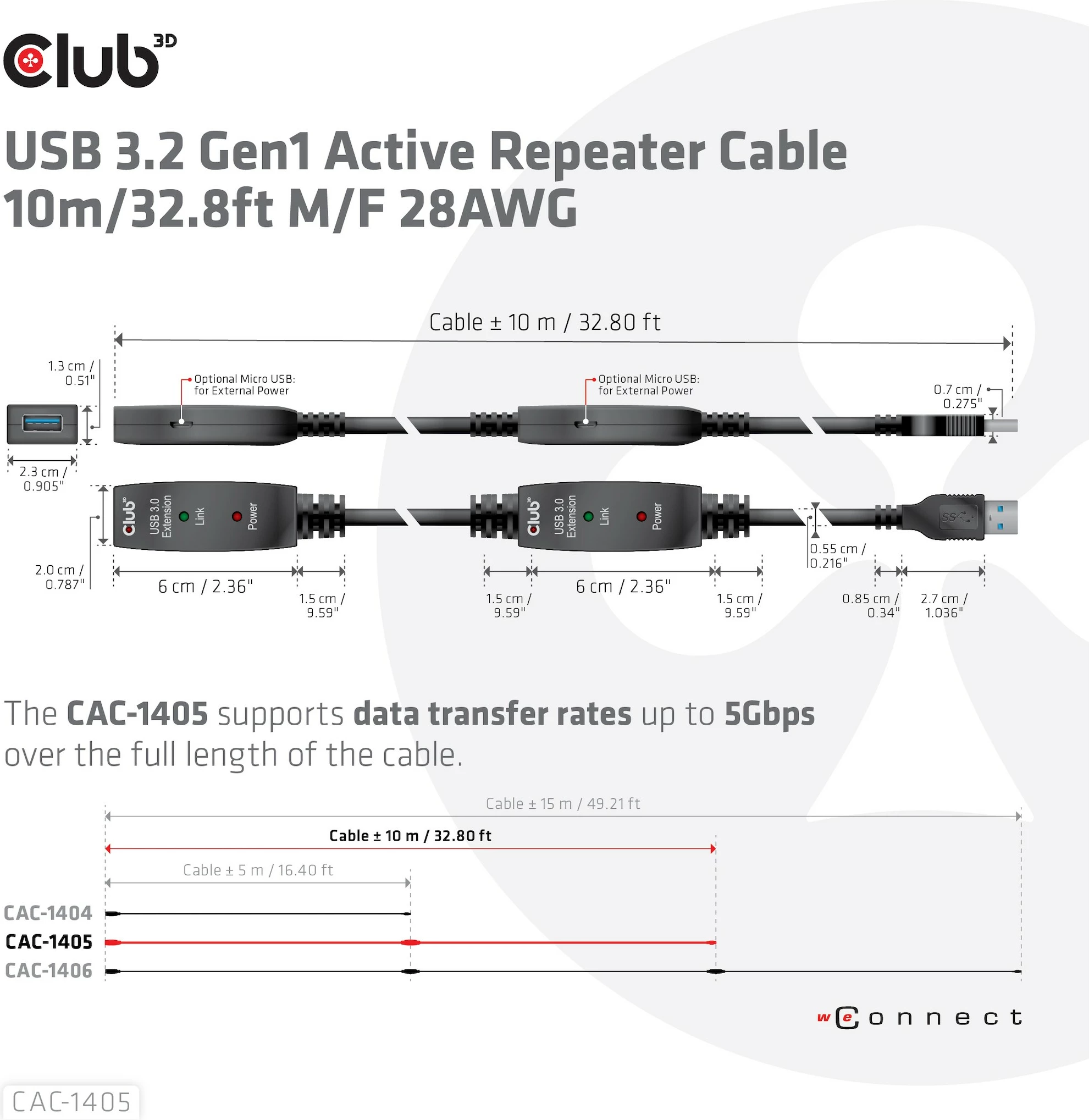 Kabllo USB zgjatues Club3D 10m, USB 3.2, e zezë