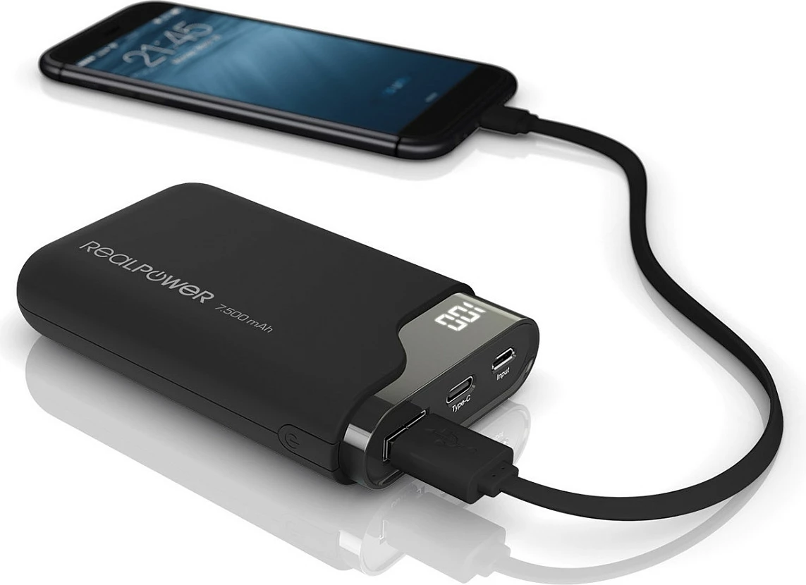 Power bank Realpower PB-7500C, 7500 mAh, USB-C, ekran digjital, i zi