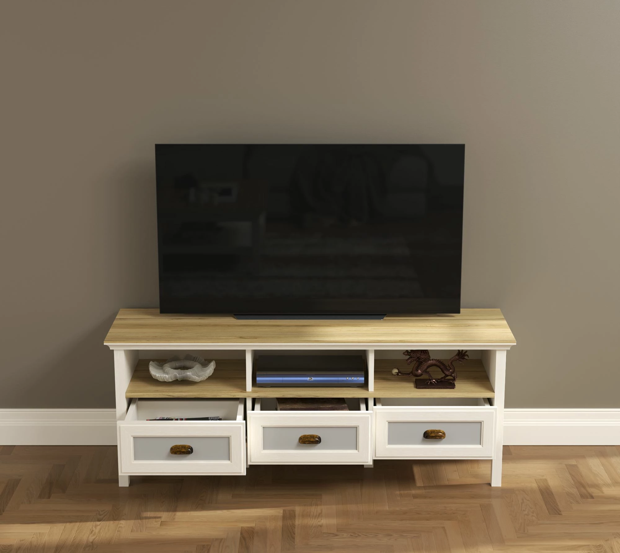 Komodë TV, ngjyrë krem, lis dhe gri, Skye Decor, FRN-21030