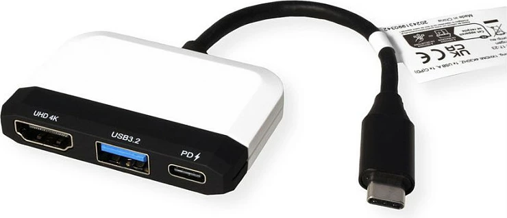 Adapter display VALUE USB-C në HDMI, USB 3.2 Gen 1 Type-A, USB-C PD, 4K 60Hz, bardhë/zi