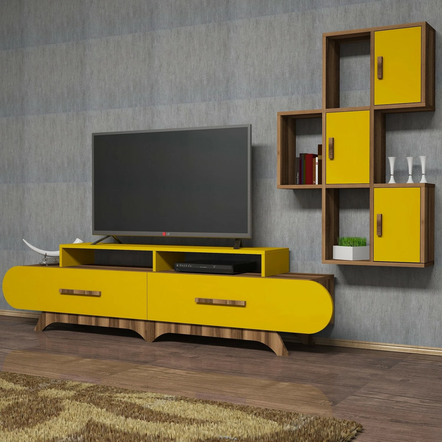 Komodë TV Hanah Home Flora S, ngjyrë arre dhe e verdhë