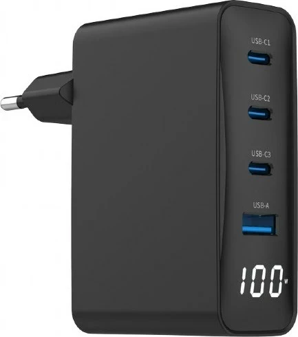 Karikues Gembird TA-UC-PDQC100LCD-01-BK për laptop e celular, 100W, i zi