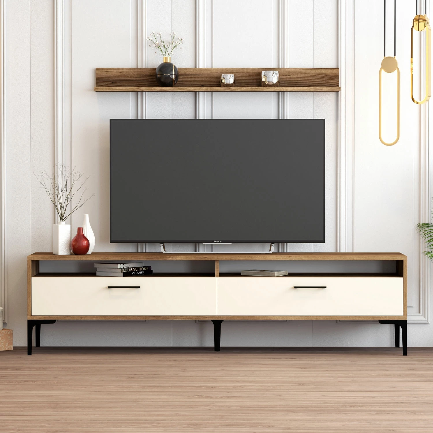 Konsolë TV Skye Decor, Istanbul, ngjyrë arre dhe krem