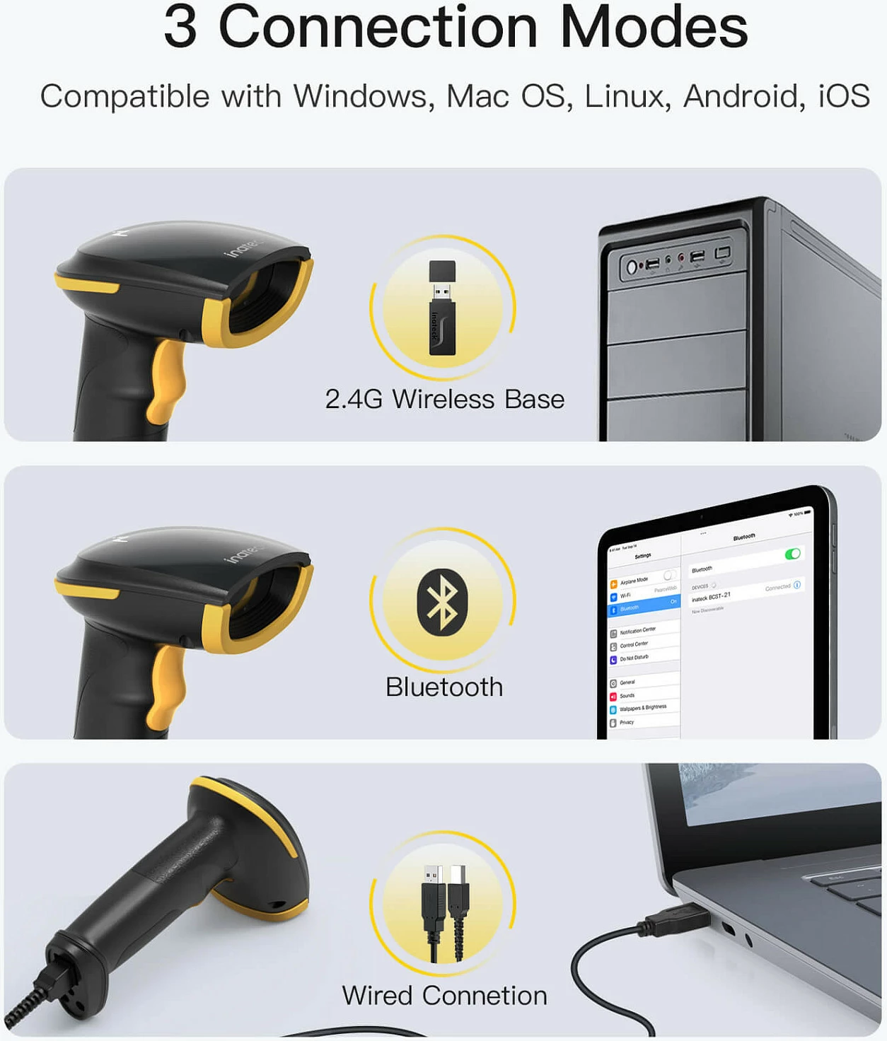 Skaner barkodi Inateck BCST-21-AI, 1D laser, Bluetooth/USB, bateri 2000mAh, zi/verdhë