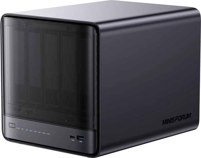 Kompjuter mini NAS, Minis Forum NAS N5 Pro, AMD Ryzen AI 9 HX Pro 370, 32GB RAM 128GB SSD, 5 vende për HDD, 10GbE
