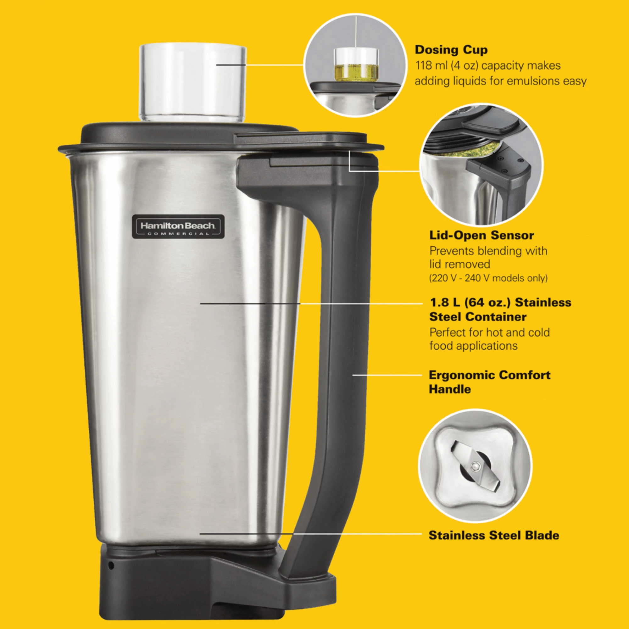 Enë blenderi çelik inox, Hamilton Beach Commercial, për HBF510/HBF510S/HBH455, 1.8 L (64 oz), Silver