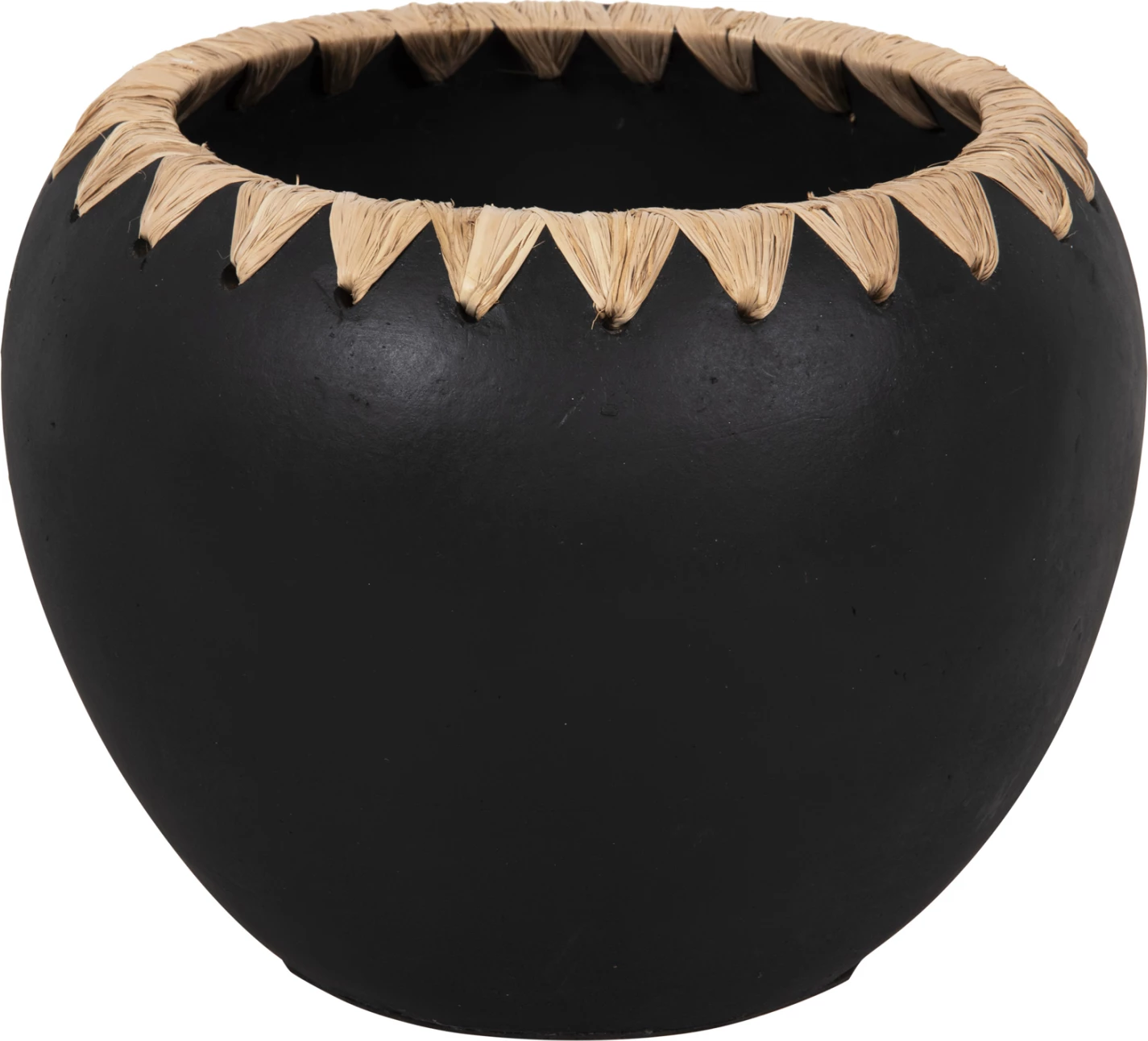 Vazo dekorative FH4374 terrakote, ngjyrë e zezë me thurje kashte në buzë, Φ29x23H cm