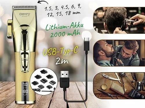 Makinë qethje Camry CR 2835G, 8 nivele 1.5-18 mm, teh qeramik & kokë titaniumi, bateri, USB-C, gold