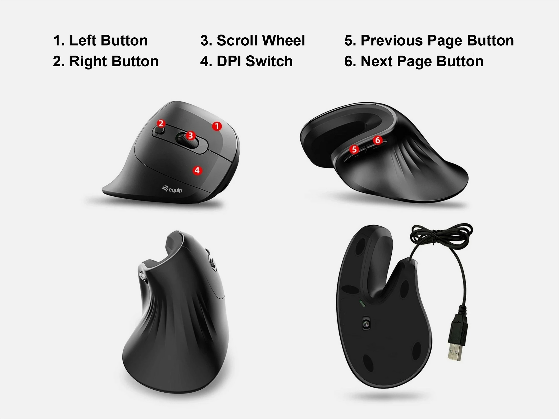 Maus ergonomik vertikal EQUIP, USB-A/USB-C, 7200 DPI, 6 butona, kabllo 1.8m, i zi