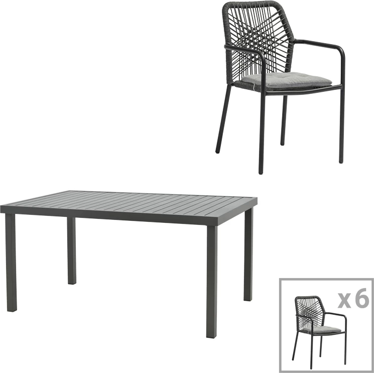 Set tavoline me karrige për terasë, alumini, litar, ngjyrë antracit, Kherson-Kliton, 150x80x74cm, 7 copë