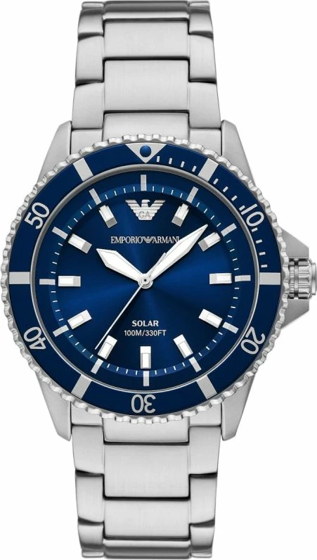 Orë dore meshkujsh Emporio Armani World Explorer AR11697, argjendtë/kaltër, me kuti