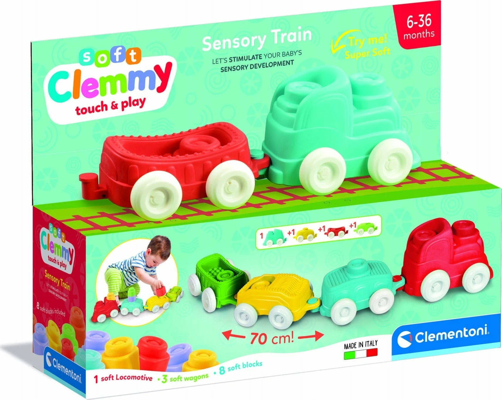 Tren lodër sensorial Clementoni Clemmy Soft Sensory Train, set 1 lokomotivë + 3 vagona + 8 blloqe të buta, shumëngjyrësh