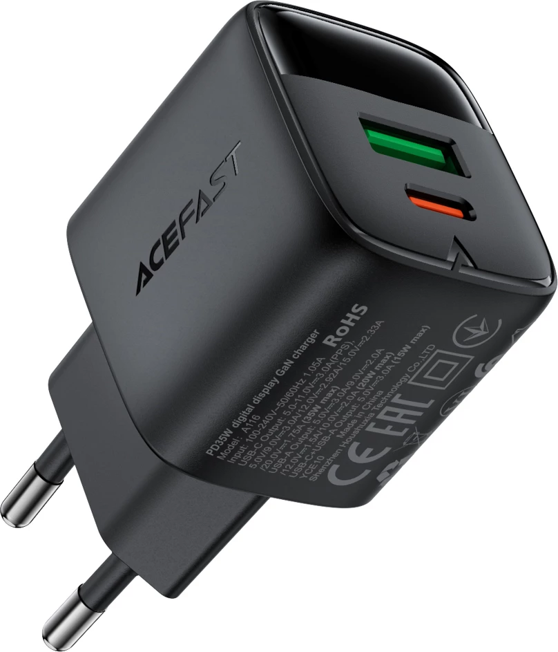 Karikues muri Acefast A116 GaN PD 35W, USB-C + USB-A, me display LED, i zi, në kuti