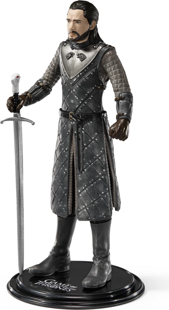 Figurinë fleksibile NOBLE COLLECTION Bendyfigs Game of Thrones Jon Snow 18.5 cm, gri/zezë, me shpatë Longclaw dhe bazë