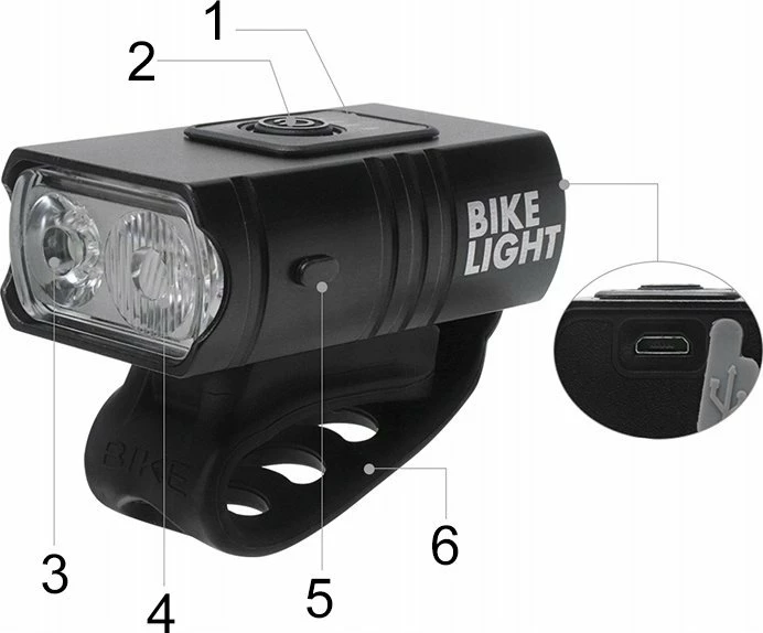 Set dritash biçiklete NoName 1600lm, microUSB, përpara/mbrapa, i zi, 2 copë