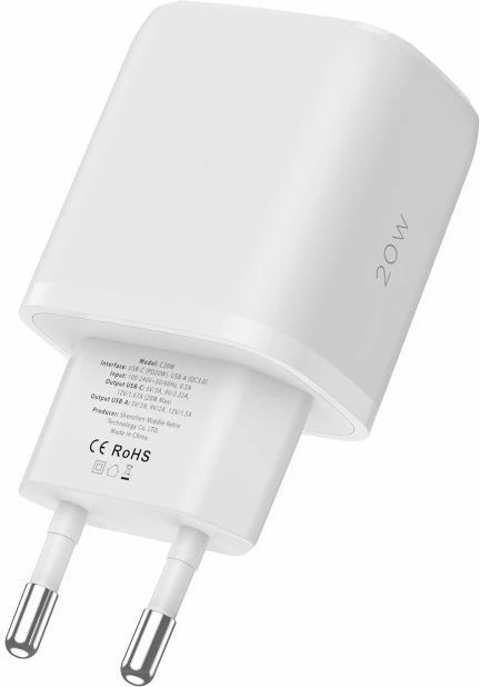 Karikues muri Tech-Protect C20W me USB-C PD 20W / USB-A QC 3.0 dhe kabllo USB-C në Lightning, Bardhë