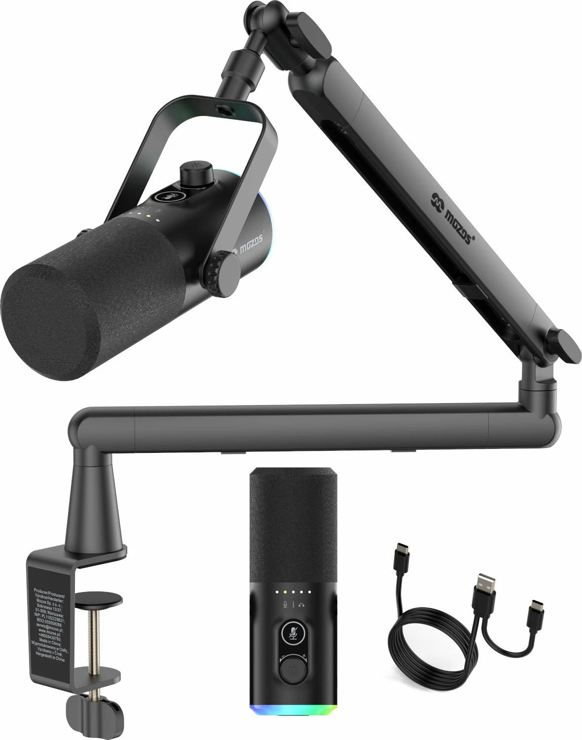 Mikrofon dinamik Mozos TAM8 v2, USB-C/XLR, kardioid, i zi, set me krah tavoline dhe kabllo