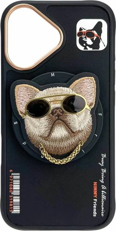 Kapak telefoni Nimmy Glasses Cool Dog MagSafe për iPhone 16, i zi