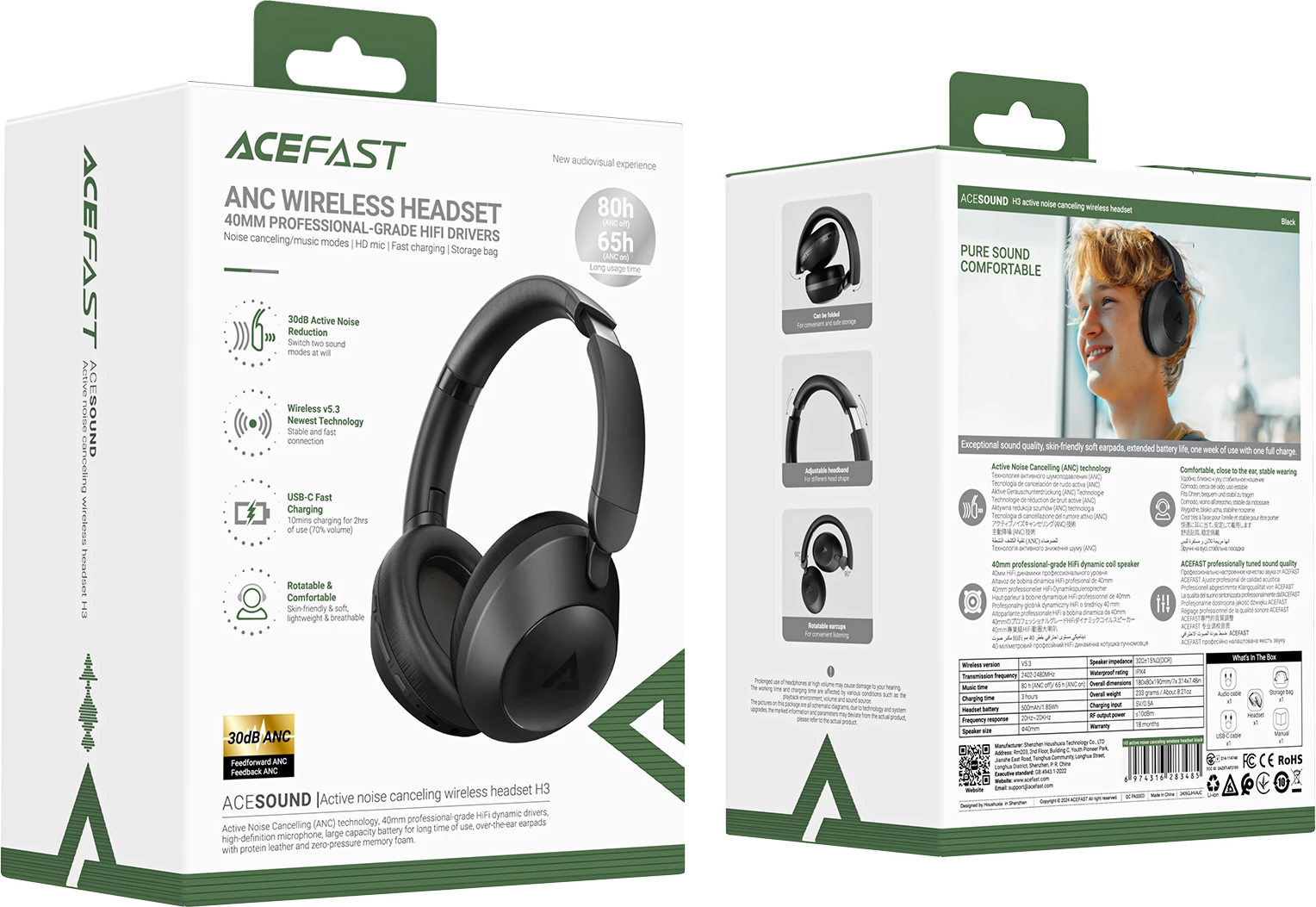 Kufje wireless Acefast H3 me ANC, Bluetooth 5.3, të zeza