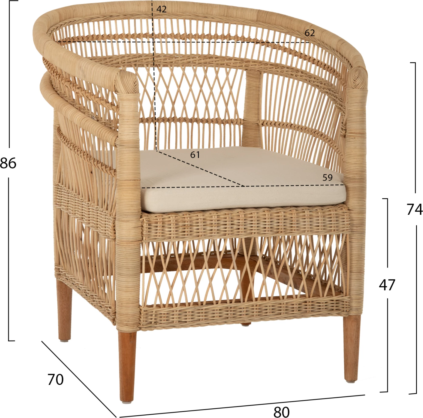 Karrige Malawi, dru mahogany-rattan-jastëk i bardhë, FH9635.04, 80x70x86 cm