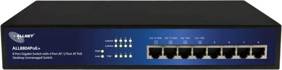 Switch ALLNET ALL8804POE+, Unmanaged, L2, Gigabit Ethernet, PoE, Rack mounting, zi/blu