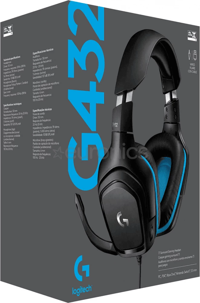 Kufje gaming Logitech G432 981-000770, me mikrofon, me kabllo, DTS 7.1, Black/Cyan