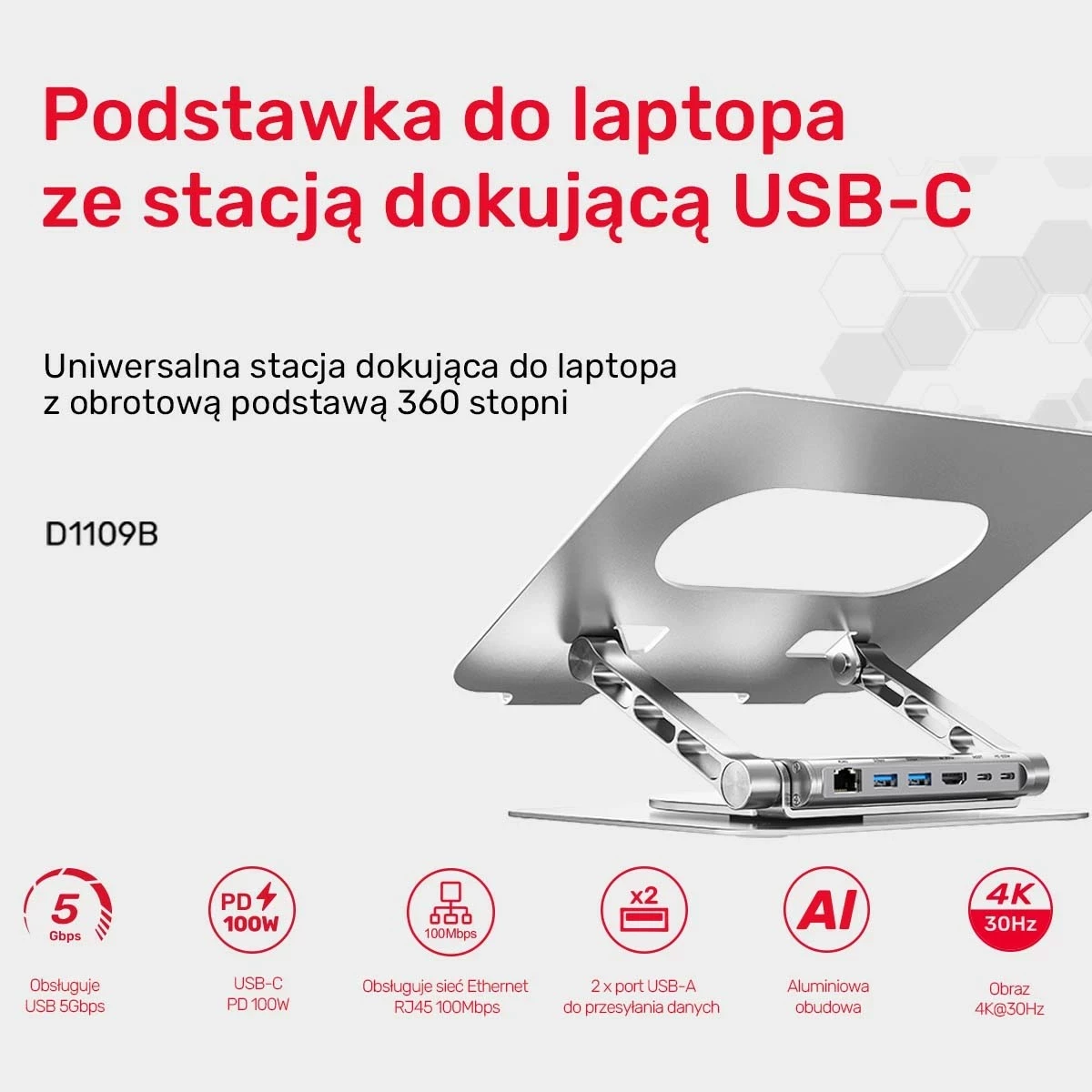 Podstavec laptop Unitek me hub USB-C HDMI 4K, gri