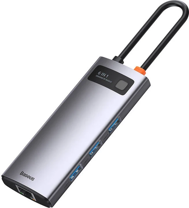 Kasë Baseus Metal Gleam Series CAHUB-CW0G, 6-në-1, USB-C në 3x USB 3.0 + HDMI + USB-C PD + Ethernet RJ45, Gri