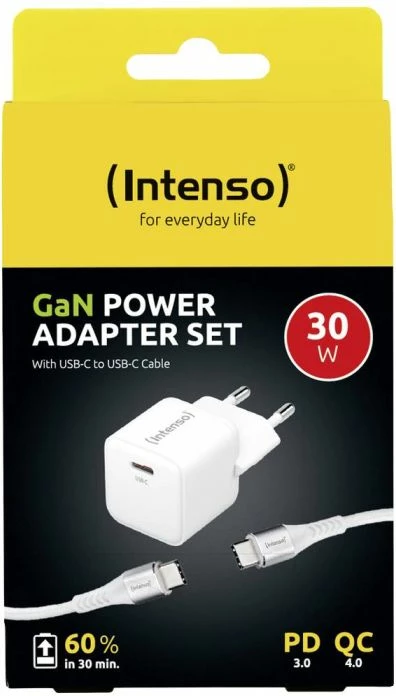 adapter karikimi GaN INTENSO W30C 30W USB-C + kabllo USB-C 60W 1.5m, e bardhë