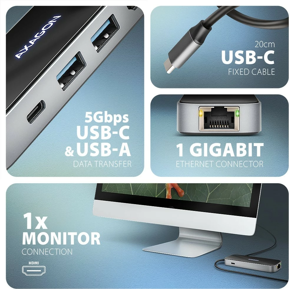 Hub USB-C 6-në-1 AXAGON HMC-6GLN, 5Gbps, 2xUSB-A, 1x USB-C, GLAN, HDMI 4K/60Hz, PD 100W, 20cm, zi/argjendtë