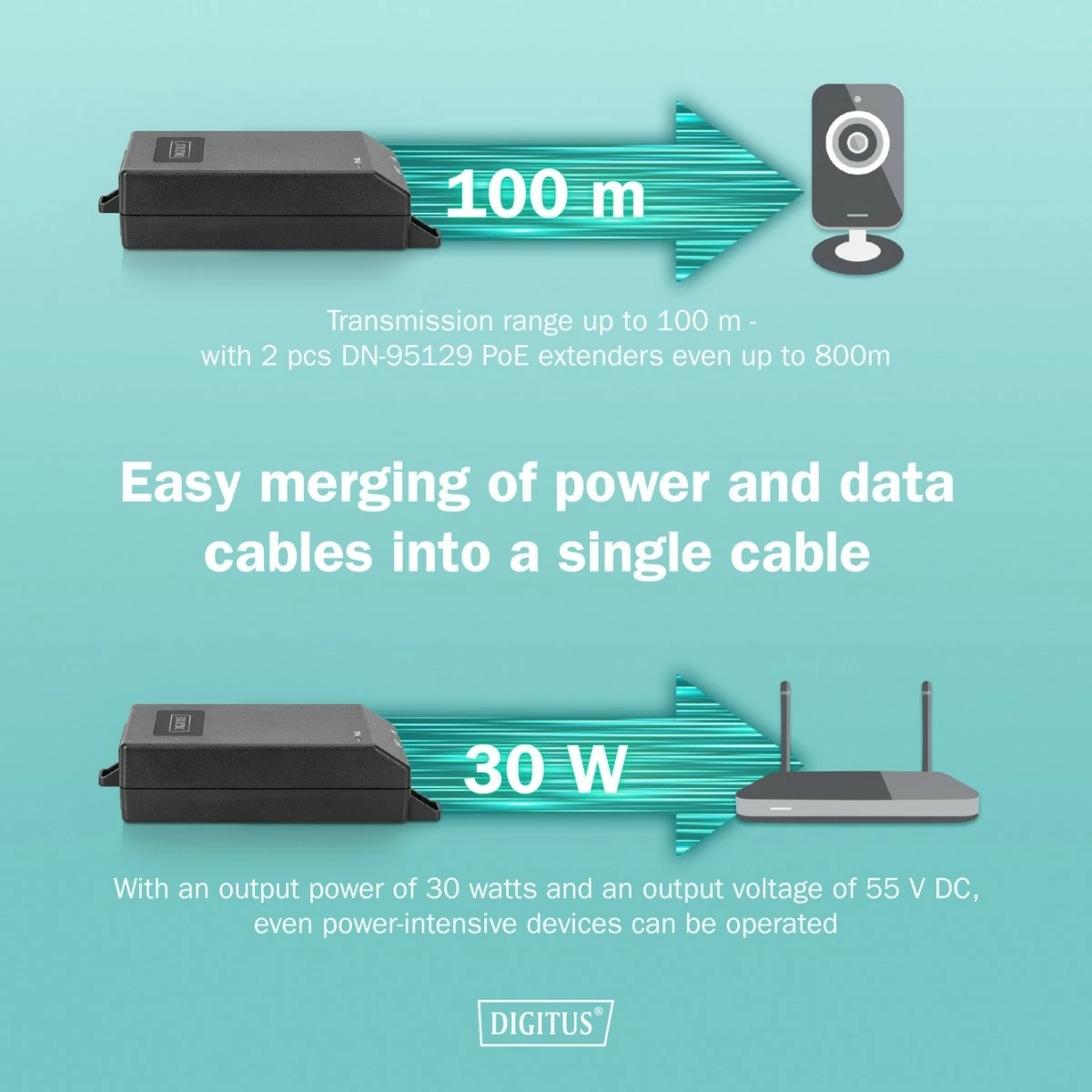 Adapter PoE+, Digitus, DN-95103-3, IEEE 802.3af/at, 55V 30W, 10/100/1000 Mbps, deri 100 m, e zezë