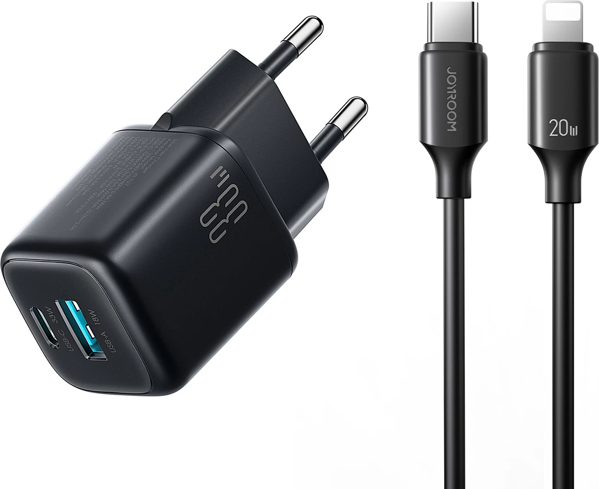 Karikues muri Joyroom JR-TG7 33W, 2x dalje USB-A + USB-C, me kabllo USB-C në Lightning 1m, i zi