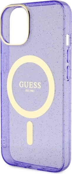Mbështjellës Guess GUHMP14MHCMCGU për iPhone 14 Plus 6.7", Glitter Gold MagSafe, vjollcë