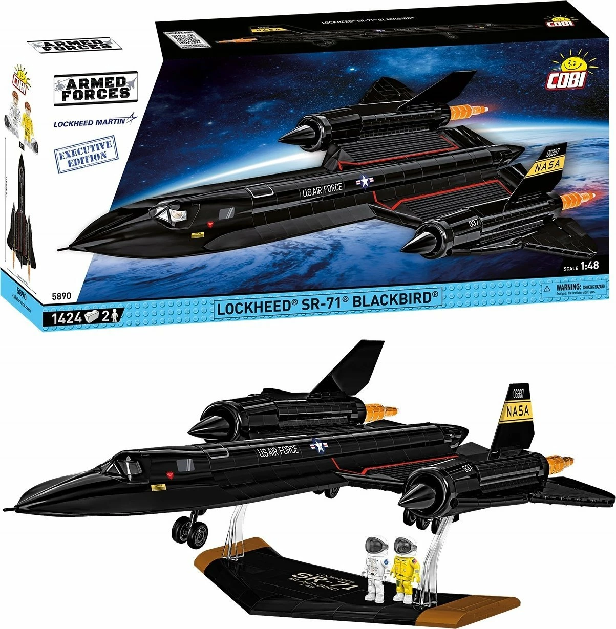 Set ndërtimi Cobi Lockheed SR-71 Blackbird Executive Edition, 1424 pjesë, shkallë 1:48, 71 cm, e zezë, me 2 figura pilot dhe stendë
