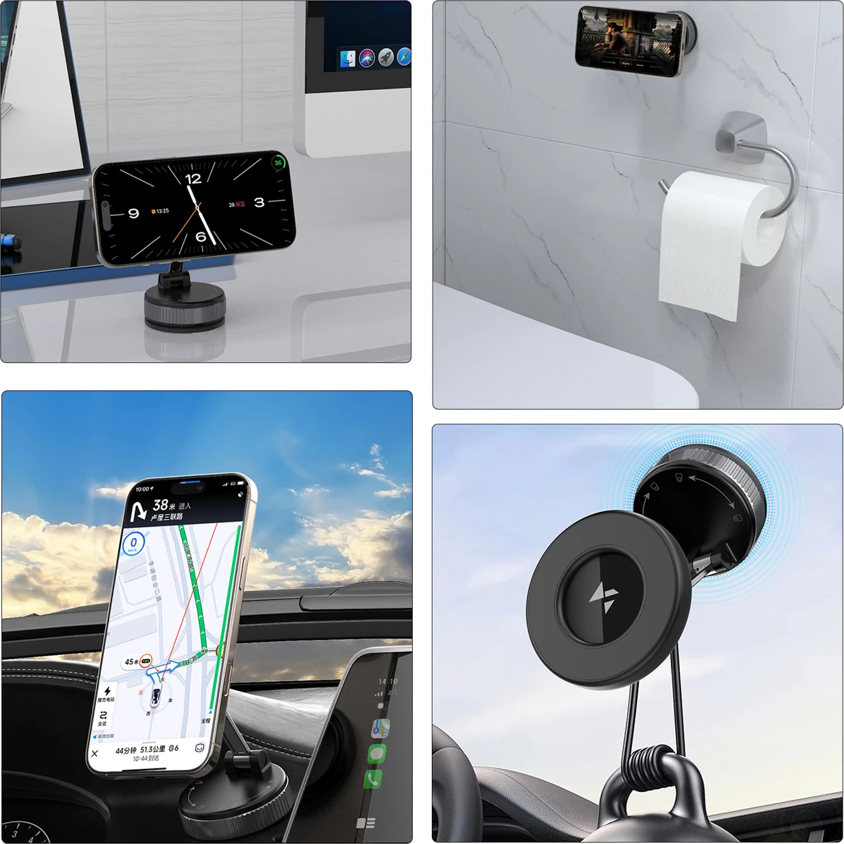 Mbajtës magnetik për makinë, Wozinsky WUSM-01, kupë vakumi me mbyllje rrotulluese, rregullim 360°, kompatibil me MagSafe, për xham ose panel, e zezë