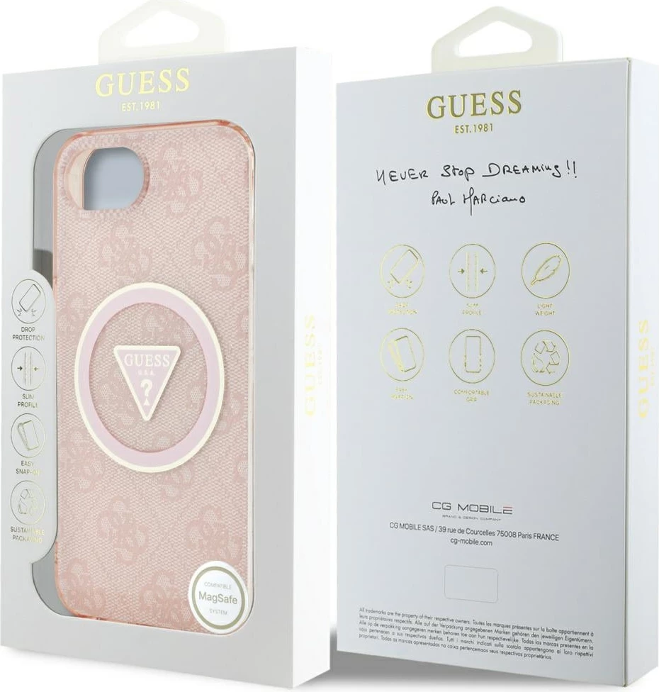 Mbështjellës Guess IML Metal Glitter 4G Circle Triangle MagSafe për iPhone 16e, Rozë