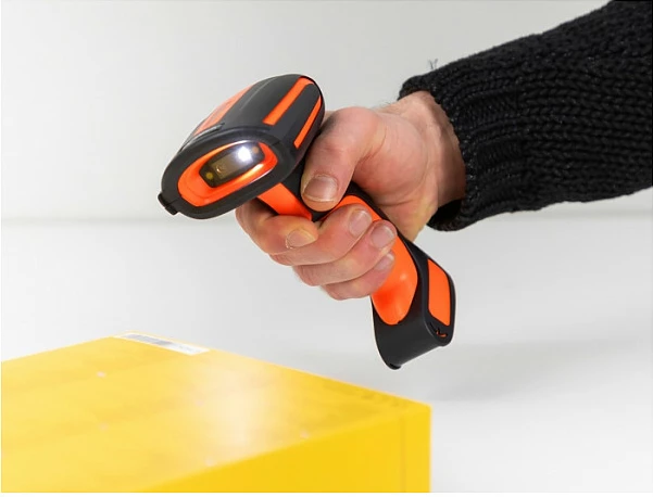 Skaner barkodi DeLOCK 1D/2D, Bluetooth 4.1 / RF 2.4 GHz, bazë karikimi induktive, 1800 mAh, zi/portokalli