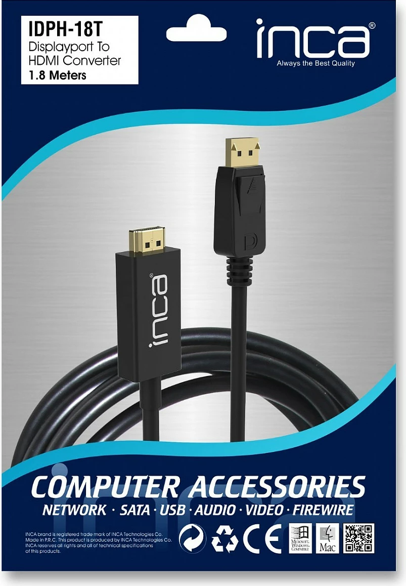 Kabllo INCA DisplayPort në HDMI, 1.8 m, 10.2 Gbit/s, e zezë