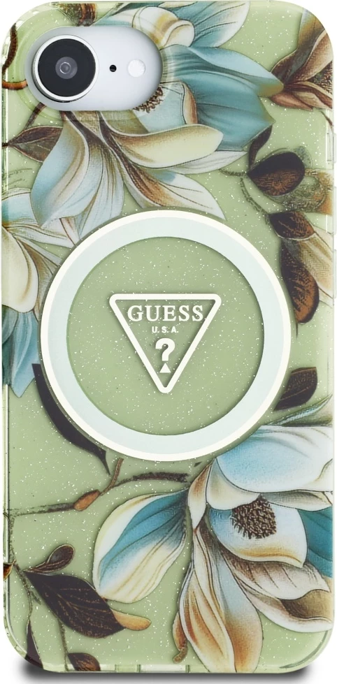 Mbështjellës Guess IML Metal Glitter Flowers Triangle MagSafe për iPhone 16e, Gjelbër