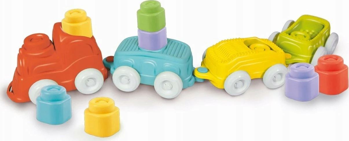 Tren lodër sensorial Clementoni Clemmy Soft Sensory Train, set 1 lokomotivë + 3 vagona + 8 blloqe të buta, shumëngjyrësh