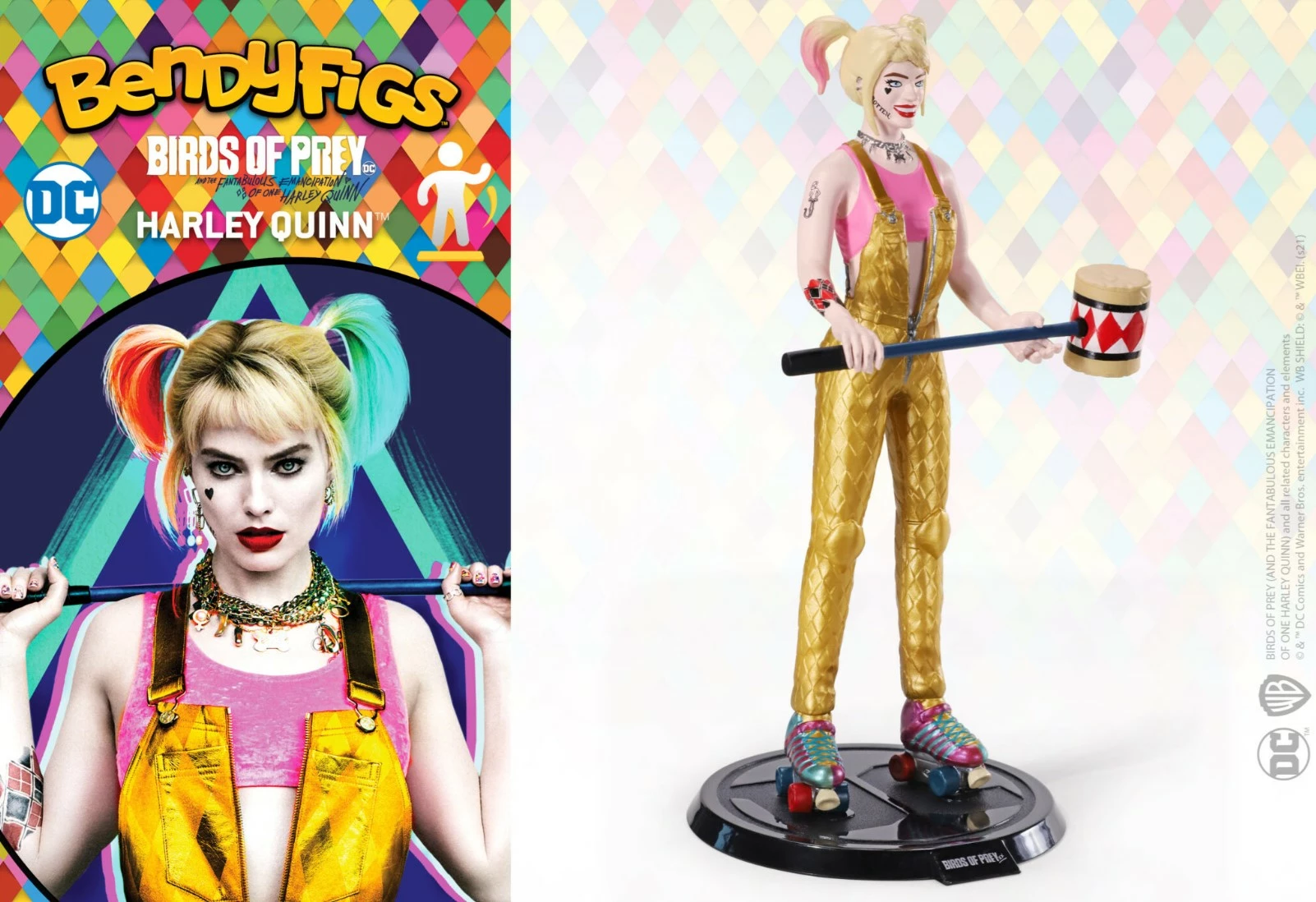 Figurinë koleksionuese fleksibile Noble Collection Bendyfigs DC Birds of Prey Harley Quinn 18 cm, me çekiç dhe bazë
