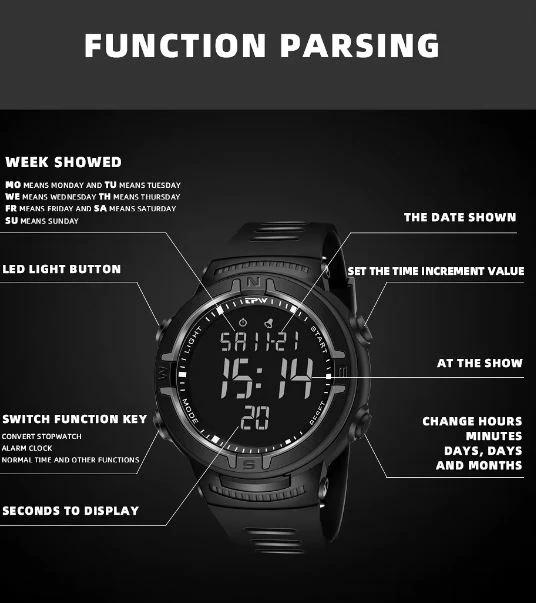 Orë sportive TPW me ekran dixhital të zi dhe detaje të kuqe OSZK