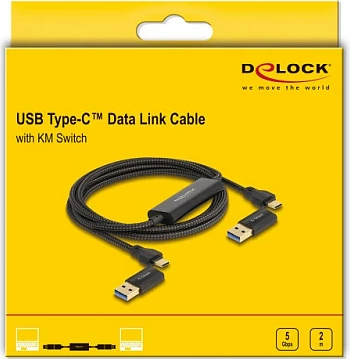Kabllo Data Link USB-C DeLOCK 5 Gbps + KM Switch, 2 m, me adaptor USB-A, e zezë