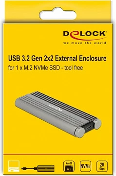 Kasë eksternale për SSD M.2 NVMe DeLOCK, USB-C 20Gbps, tool-free, e argjendtë